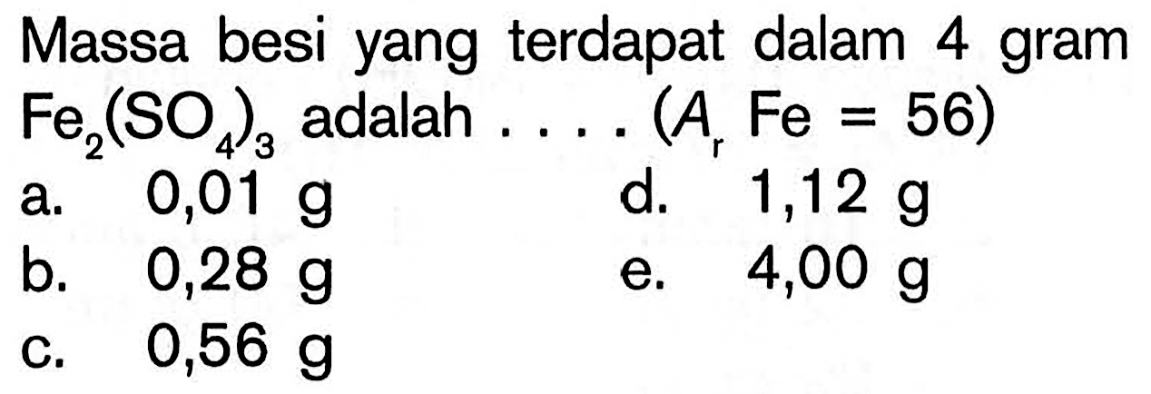 Massa besi yang terdapat dalam 4 gram Fe2(SO4)3 adalah ...(Ar Fe=56)