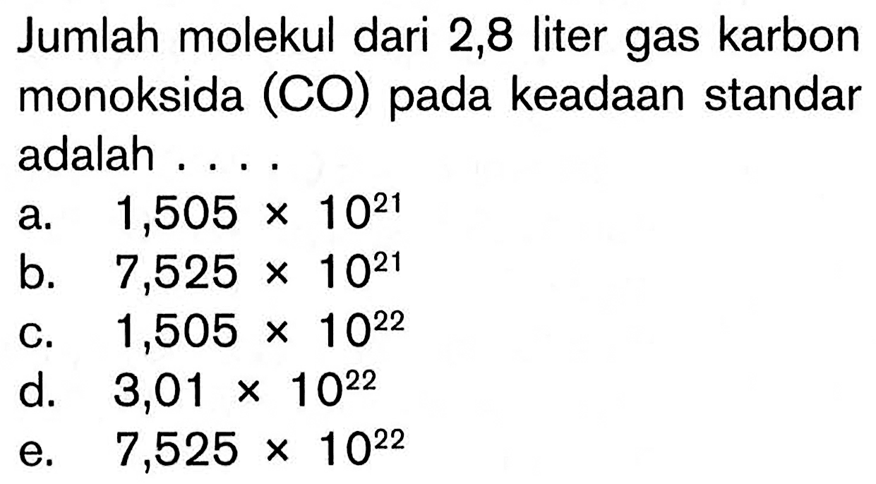 Jumlah molekul dari 2,8 liter gas karbon monoksida (CO) pada keadaan standar adalah ....