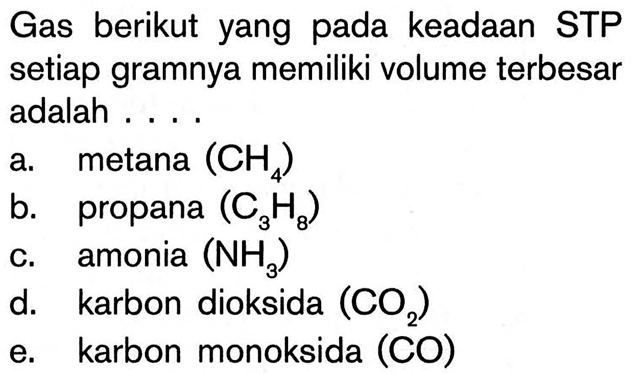 Gas berikut yang pada keadaan STP setiap gramnya memiliki volume terbesar adalah .... a. metana (CH4) b. propana (C3H8) c. amonia (NH3) d. karbon dioksida (CO2) e. karbon monoksida (CO)