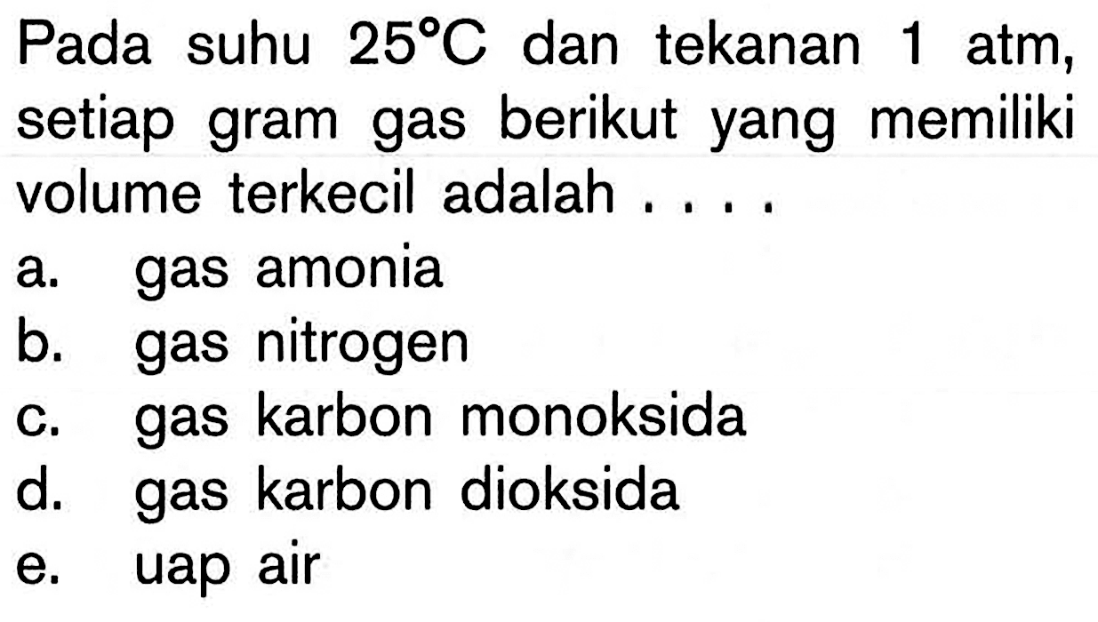 Pada suhu 25 C dan tekanan 1 atm, setiap gram gas berikut yang memiliki volume terkecil adalah ....