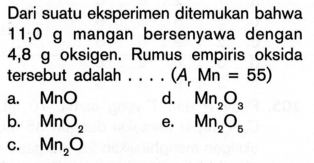 Dari suatu eksperimen ditemukan bahwa  11,0 g  mangan bersenyawa dengan 4,8 g oksigen. Rumus empiris oksida tersebut adalah .... (Ar Mn=55)
