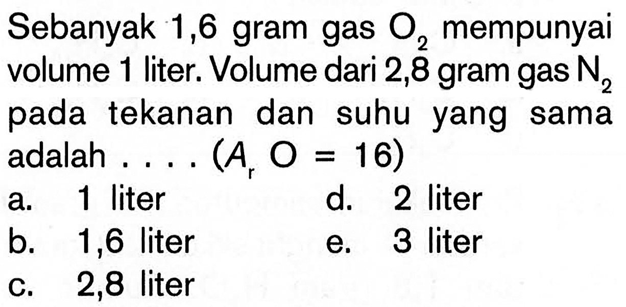 Sebanyak 1,6 gram gas O2 mempunyai volume 1 liter. Volume dari 2,8 gram gas N2 pada tekanan dan suhu yang sama adalah .... (Ar O=16)