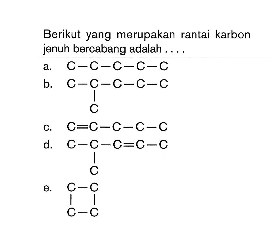 Berikut yang merupakan rantai karbon jenuh bercabang adalah . . . .