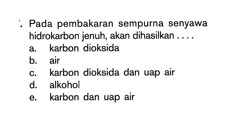 Pada pembakaran sempurna senyawa hidrokarbon jenuh, akan dihasilkan . . . . 