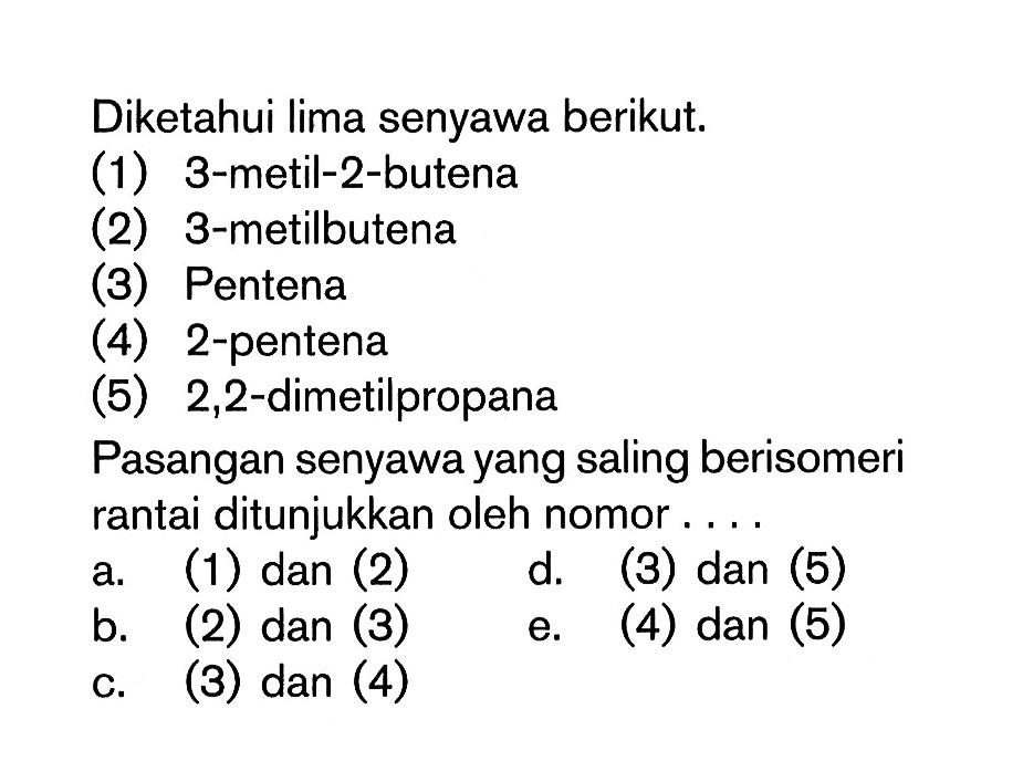 Diketahui lima senyawa berikut.
(1) 3-metil-2-butena
(2) 3-metilbutena
(3) Pentena
(4) 2-pentena
(5) 2,2-dimetilpropana
Pasangan senyawa yang saling berisomeri rantai ditunjukkan oleh nomor ....
a. (1) dan (2)
d. (3) dan (5)
b. (2) dan (3)
e. (4) dan (5)
c. (3) dan (4)