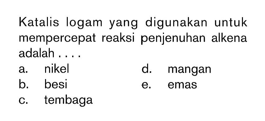 Katalis logam yang digunakan untuk mempercepat reaksi penjenuhan alkena adalah ...