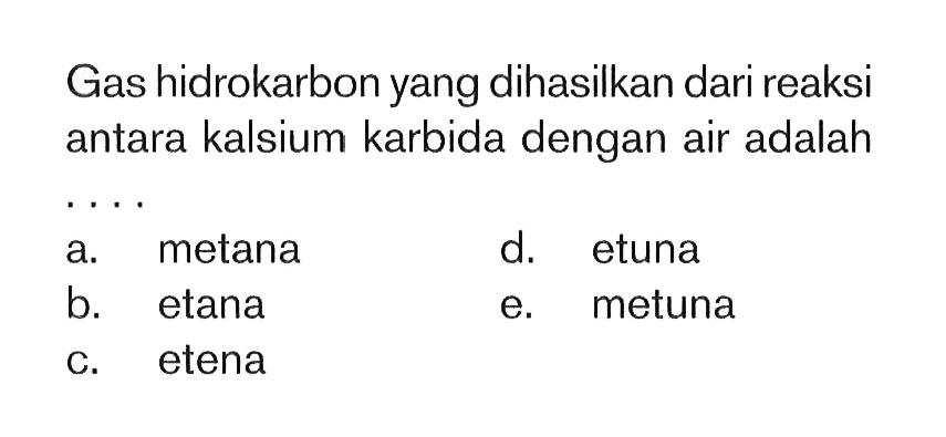 Gas hidrokarbon yang dihasilkan dari reaksi antara kalsium karbida dengan air adalah ...