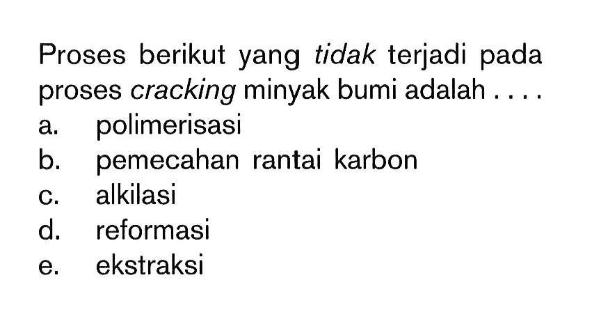 Proses berikut yang tidak terjadi pada proses cracking minyak bumi adalah ...