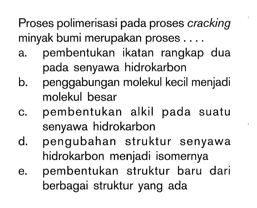 Proses polimerisasi pada proses cracking minyak bumi merupakan proses ...