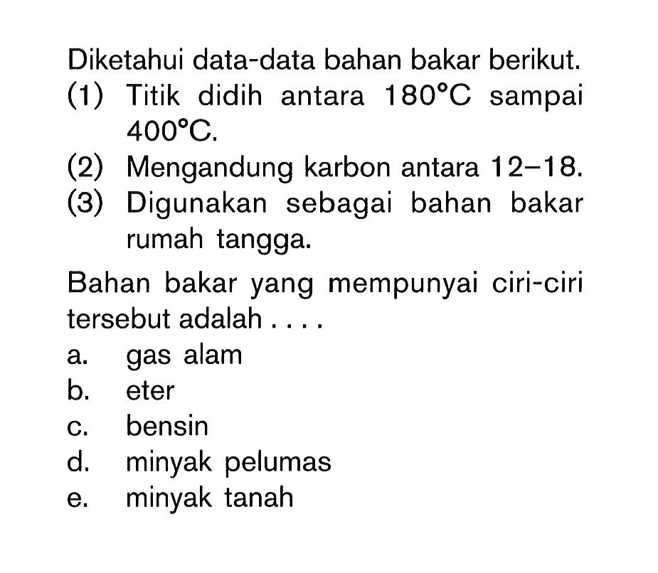 Diketahui data-data bahan bakar berikut. (1) Titik didih antara 180 C sampai 400 C. (2) Mengandung karbon antara 12-18. (3) Digunakan sebagai bahan bakar rumah tangga. Bahan bakar yang mempunyai ciri-ciri tersebut adalah ...