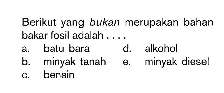 Berikut yang bukan merupakan bahan bakar fosil adalah . . . .