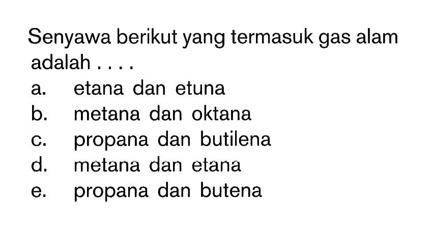 Senyawa berikut yang termasuk gas alam adalah....