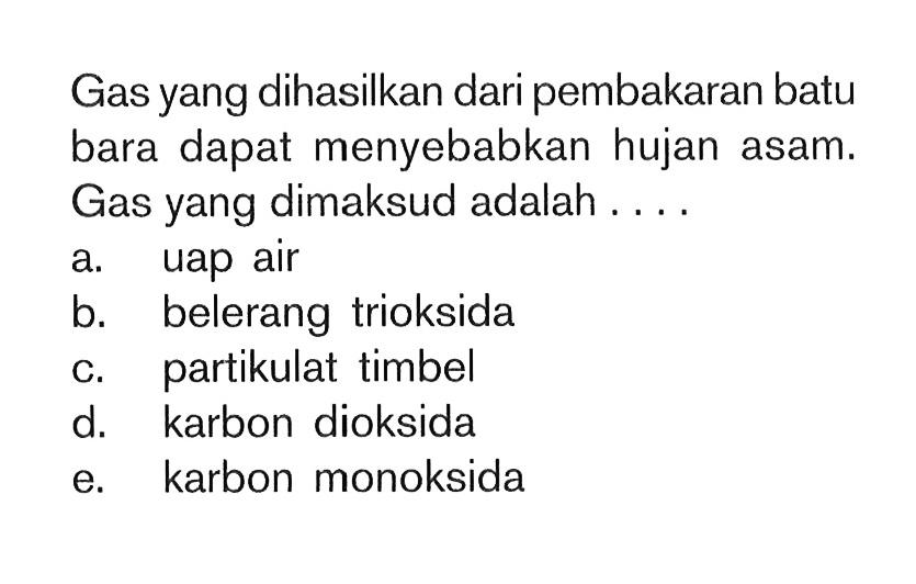 Gas yang dihasilkan dari pembakaran batu bara dapat menyebabkan hujan asam. Gas yang dimaksud adalah ....