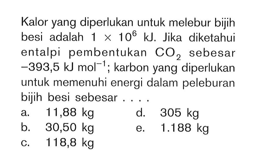 Kalor yang diperlukan untuk melebur bijih besi adalah 1 x 10^6 kJ. Jika diketahui entalpi pembentukan CO2 sebesar -393,5 kJ mol^(-1) karbon yang diperlukan untuk memenuhi energi dalam peleburan bijih besi sebesar....