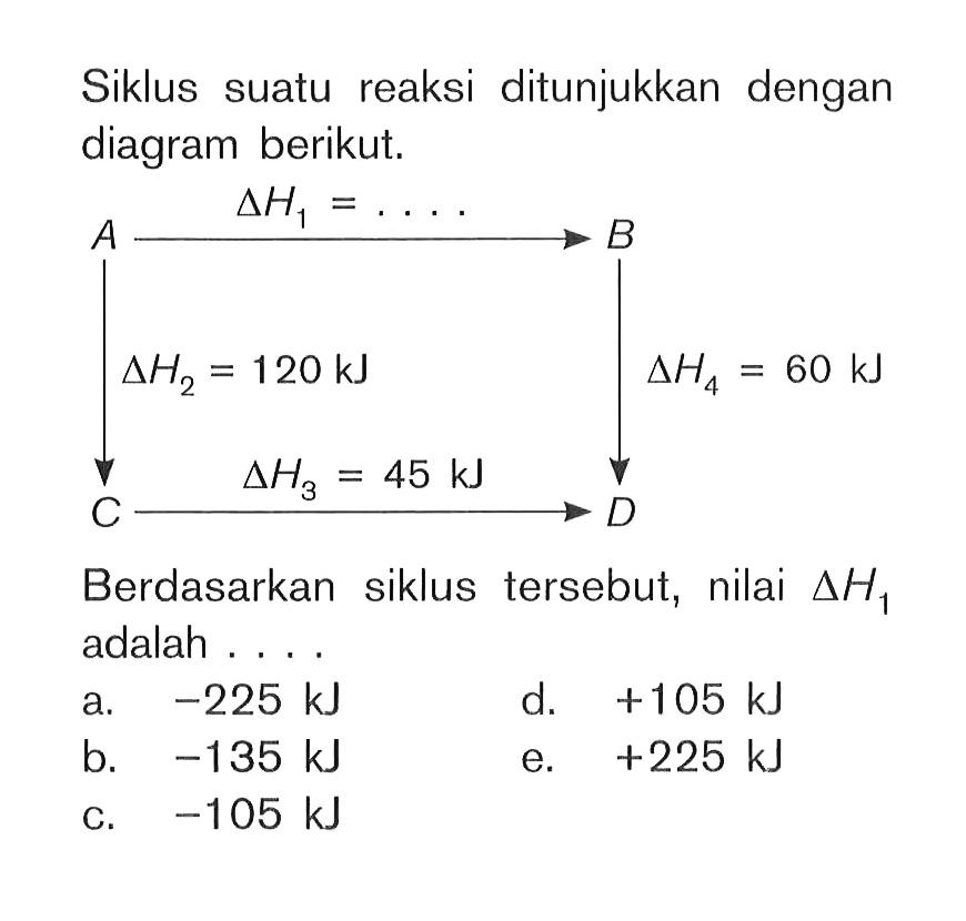 Siklus suatu reaksi ditunjukkan dengan diagram berikut.A delta H1=... B delta H2=120 kJ delta H4=60 kJ C delta H3=45 kJ D Berdasarkan siklus tersebut, nilai delta H1 adalah.... a. -225 kJ d. +105 kJ b. -135 kJ e. +225 kJ c. -105 kJ