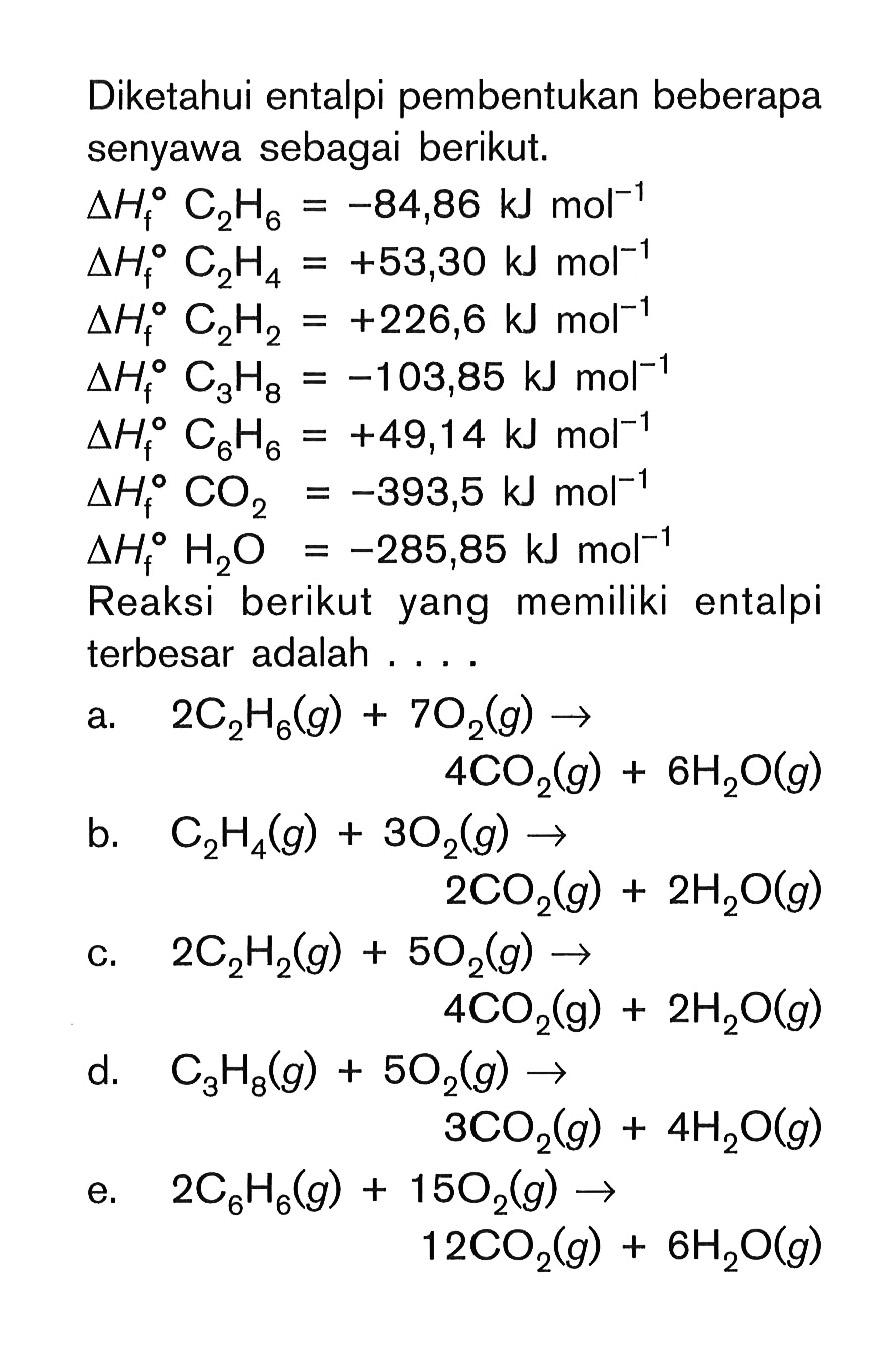 Diketahui entalpi pembentukan beberapa senyawa sebagai berikut. delta Hf^0 C2H6 = -84,86 kJ mol^-1 delta Hf^0 C2H4 = +53,30 kJ delta Hf^0 C2H2 = +226,6 kJ mol^-1 delta Hf^0 C3H8 = -103,85 kJ mol^-1 delta Hf^0 C6H6 = +49,14 kJ mol^-1 delta Hf^0 CO2 = -393,5 kJ mol^-1 delta Hf^0 H2O = -285,85 kJ mol^-1 Reaksi berikut yang memiliki entalpi terbesar adalah ... a. 2C2H6(g) + 7O2(g) -> 4CO2(g) + 6H2O(g) b. C2H4(g) + 3O2(g) -> 2CO2(g) + 2H2O(g) c. 2C2H2(g) + 5O2(g) -> 4CO2(g) + 2H2O(g) d. C3H8(g) + 5O2(g) -> 3CO2(g) + 4H2O(g) e. 2C6H6(g) + 15O2(g) -> 12CO2(g) + 6H2O(g)