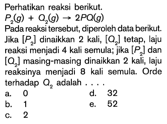 Perhatikan reaksi berikut. P2 (g) + Q2 (g) -> 2PQ (g) Pada reaksi tersebut, diperoleh data berikut. Jika [P2] dinaikkan 2 kali, [Q2] tetap, laju reaksi menjadi 4 kali semula; jika [P2] dan [Q2] masing-masing dinaikkan 2 kali, laju reaksinya menjadi 8 kali semula. Orde terhadap Q2 adalah ....