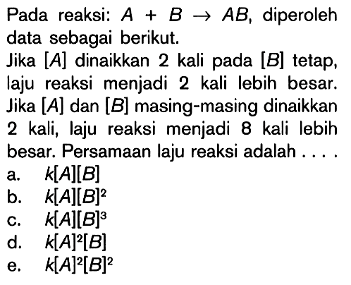 Pada reaksi: A + B -> AB, diperoleh data sebagai berikut. Jika [A] dinaikkan 2 kali pada [B] tetap, laju reaksi menjadi 2 kali lebih besar. Jika [A] dan [B] masing-masing dinaikkan 2 kali, laju reaksi menjadi 8 kali lebih besar. Persamaan laju reaksi adalah . . . .