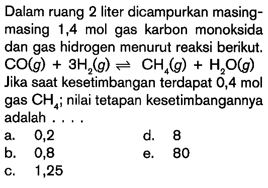 Dalam ruang 2 liter dicampurkan masing-masing 1,4 mol gas karbon monoksida dan gas hidrogen menurut reaksi berikut. CO (g) + 3H2 (g) <=> CH4 (g) + H2O (g) Jika saat kesetimbangan terdapat 0,4 mol gas CH4; nilai tetapan kesetimbangannya adalah ...