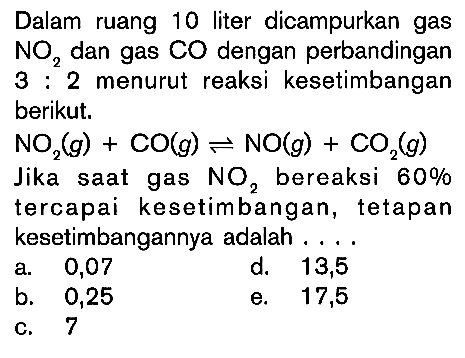 Dalam ruang 10 liter dicampurkan gas NO2 dan gas CO dengan perbandingan 3 : 2 menurut reaksi kesetimbangan berikut. NO2(g) + CO(g) <=> NO(g) + CO2(g) Jika saat gas NO2 bereaksi 60% tercapai kesetimbangan, tetapan kesetimbangannya adalah ....