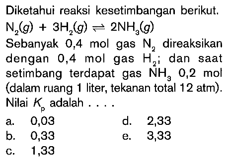 Diketahui reaksi kesetimbangan berikut. N2 (g) + 3H2 (g) <=> 2NH3 (g) Sebanyak 0,4 mol gas N2 direaksikan dengan 0,4 mol gas H2; dan saat setimbang terdapat gas NH3 0,2 mol (dalam ruang 1 liter, tekanan total 12 atm). Nilai Kp adalah ...