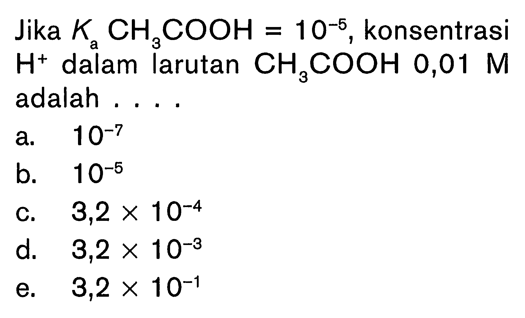 Jika Ka CH3COOH=10^-5, konsentrasi  H^+ dalam larutan CH3COOH 0,01 M adalah ....