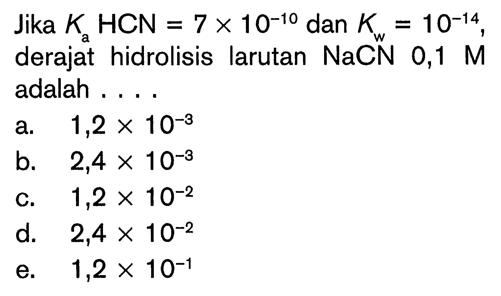 Jika  Ka HCN=7 x 10^(-10)  dan  Kw=10^(-14) , derajat hidrolisis larutan  NaCN  0,1 M  adalah ....