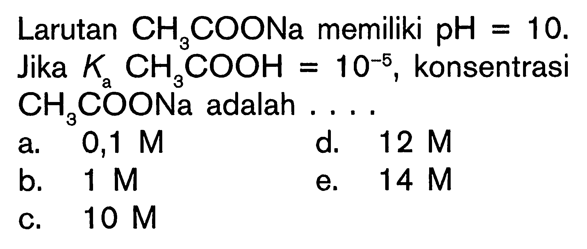 Larutan  CH3COONa  memiliki  pH=10 . Jika  Ka CH3COOH=10^-5 , konsentrasi  CH3COONa  adalah ....