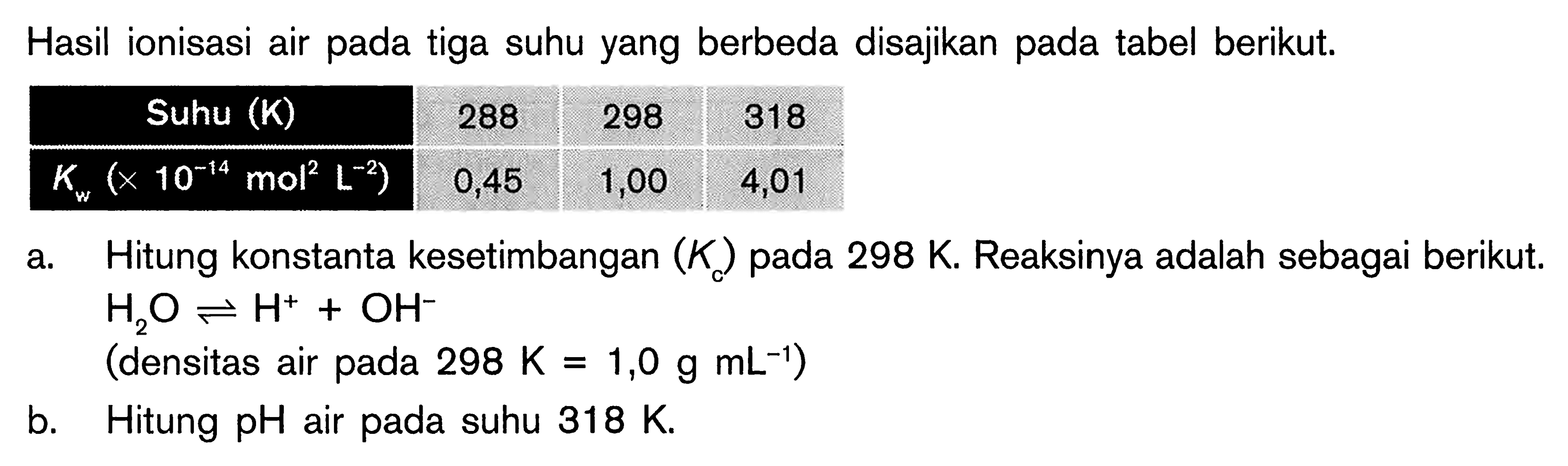 Hasil ionisasi air pada tiga suhu yang berbeda disajikan pada tabel berikut. 
Suhu (K) 288 298 318 
Kw ( x 10^(-14) mol^2 L^(-2)) 0,45 1,00 4,01 
a. Hitung konstanta kesetimbangan (Kc) pada 298 K. Reaksinya adalah sebagai berikut. H2O <=> H^+ + OH^- (densitas air pada 298 K = 1,0 g mL^(-1)) b. Hitung pH air pada suhu 318 K. 