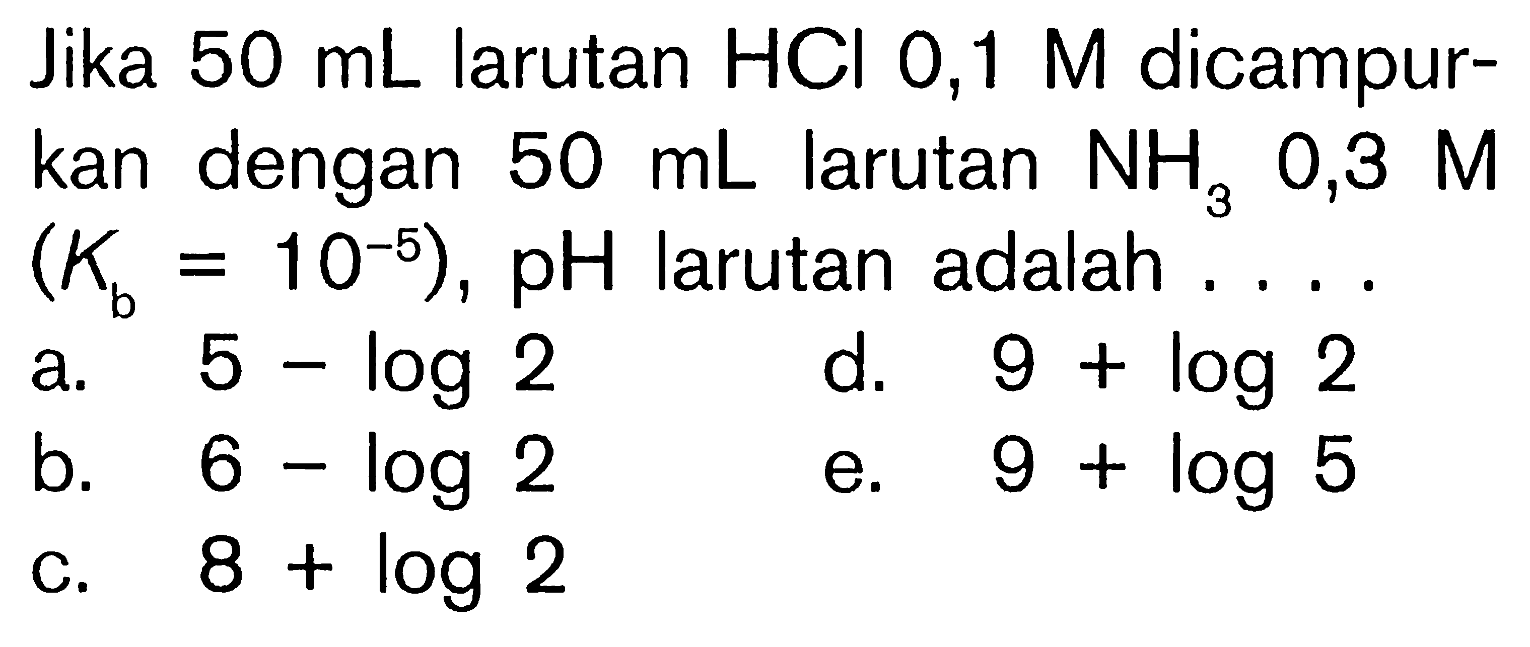 Jika 50 mL larutan HCl 0,1 M dicampurkan dengan 50 mL larutan NH3 0,3 M (Kb=10^(-5)), pH larutan adalah .... 