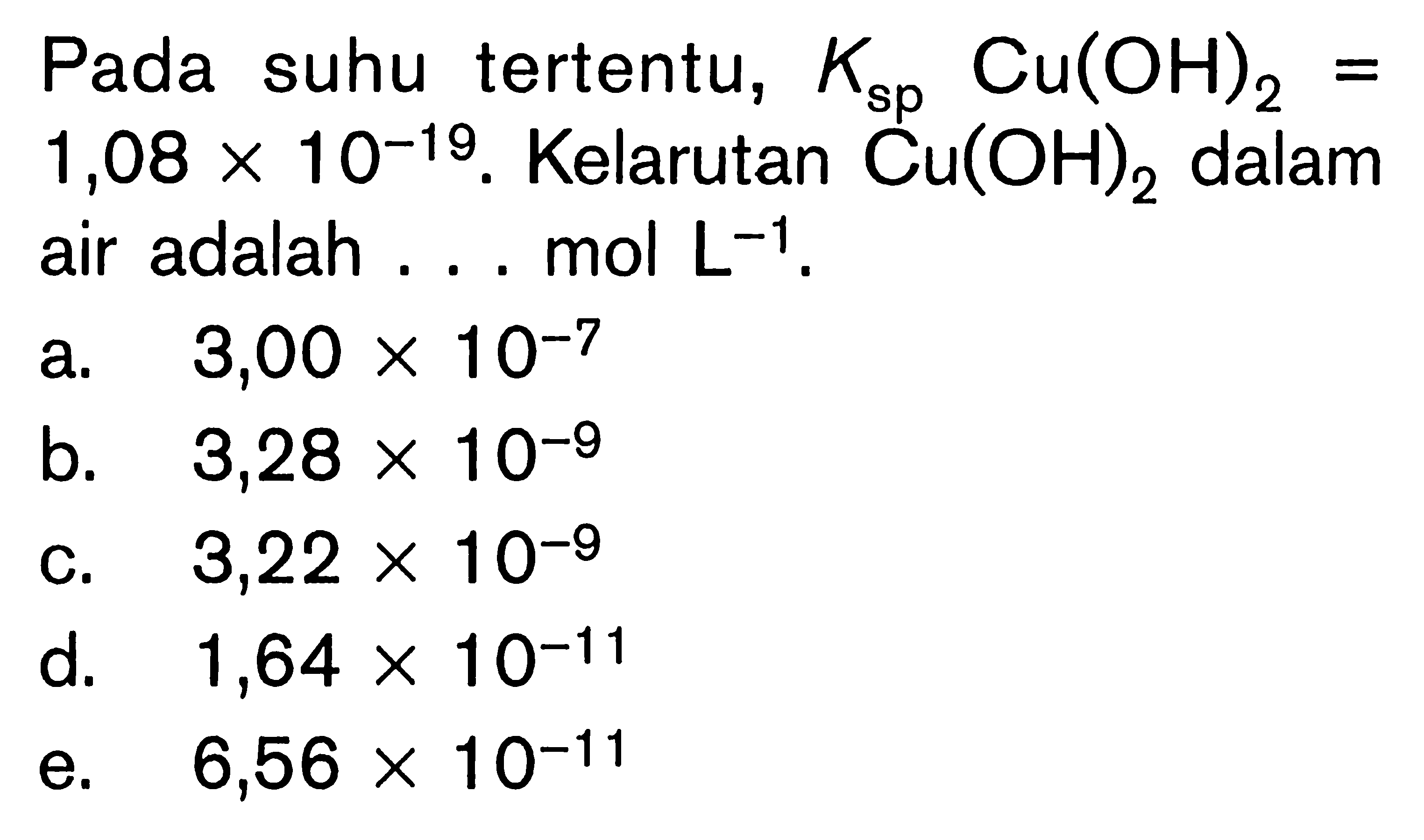 Pada suhu tertentu,  Ksp Cu(OH)2=1,08 x 10^(-19). Kelarutan Cu(OH)2 dalam air adalah ... mol L^(-1).
