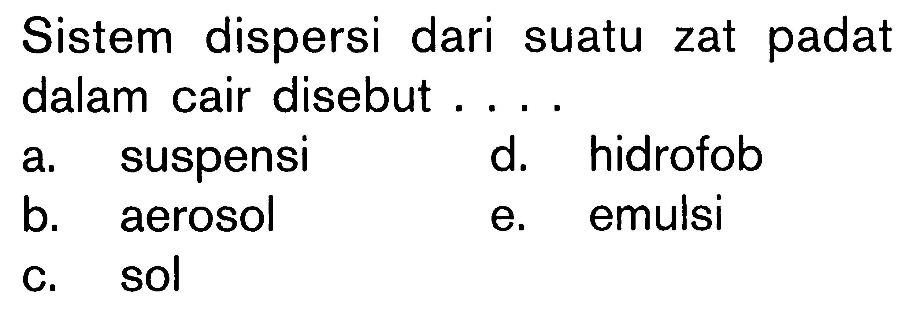 Sistem dispersi dari suatu zat padat dalam cair disebut....