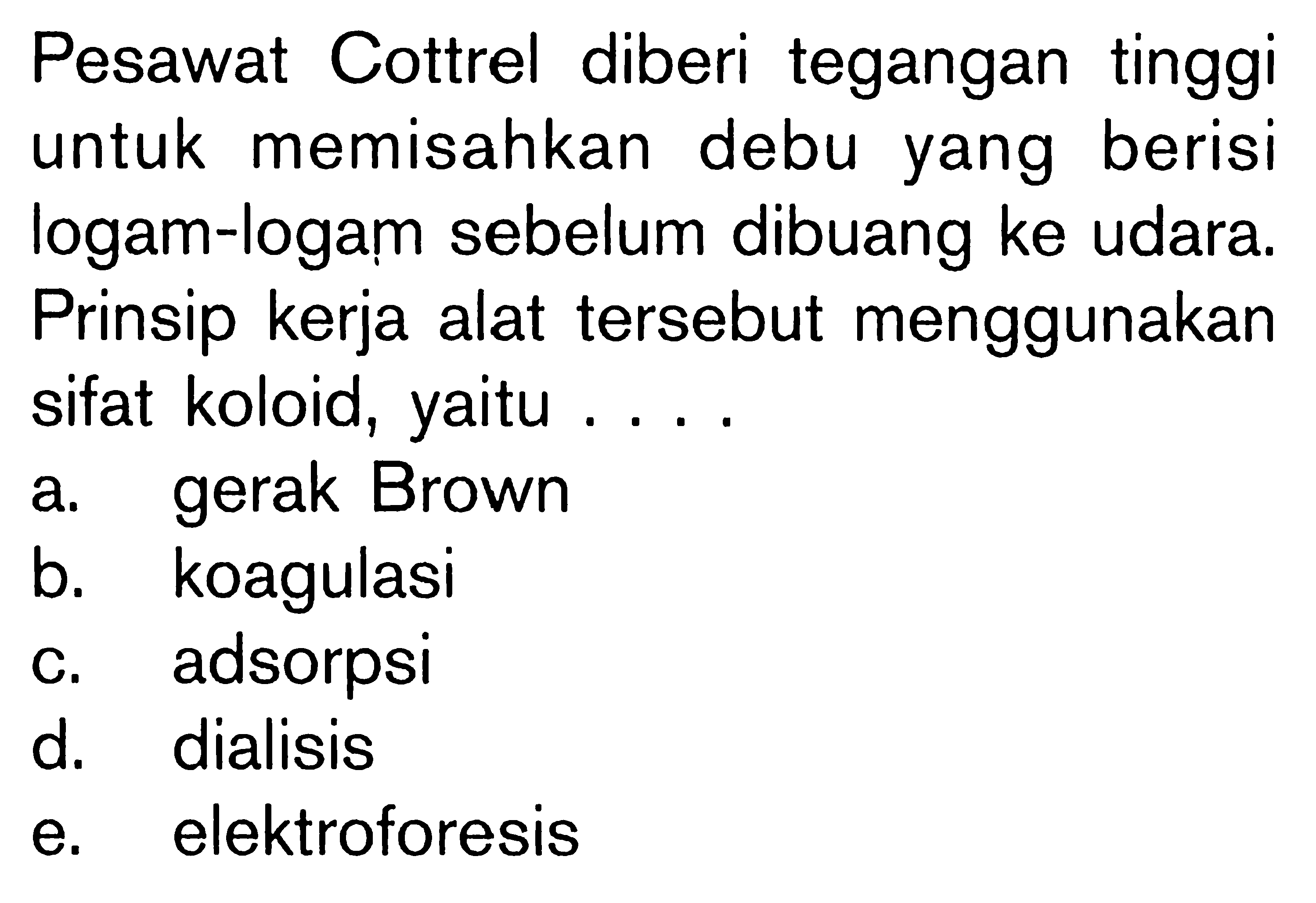 Pesawat Cottrel diberi tegangan tinggi untuk memisahkan debu yang berisi logam-logam sebelum dibuang ke udara. Prinsip kerja alat tersebut menggunakan sifat koloid, yaitu .... 
