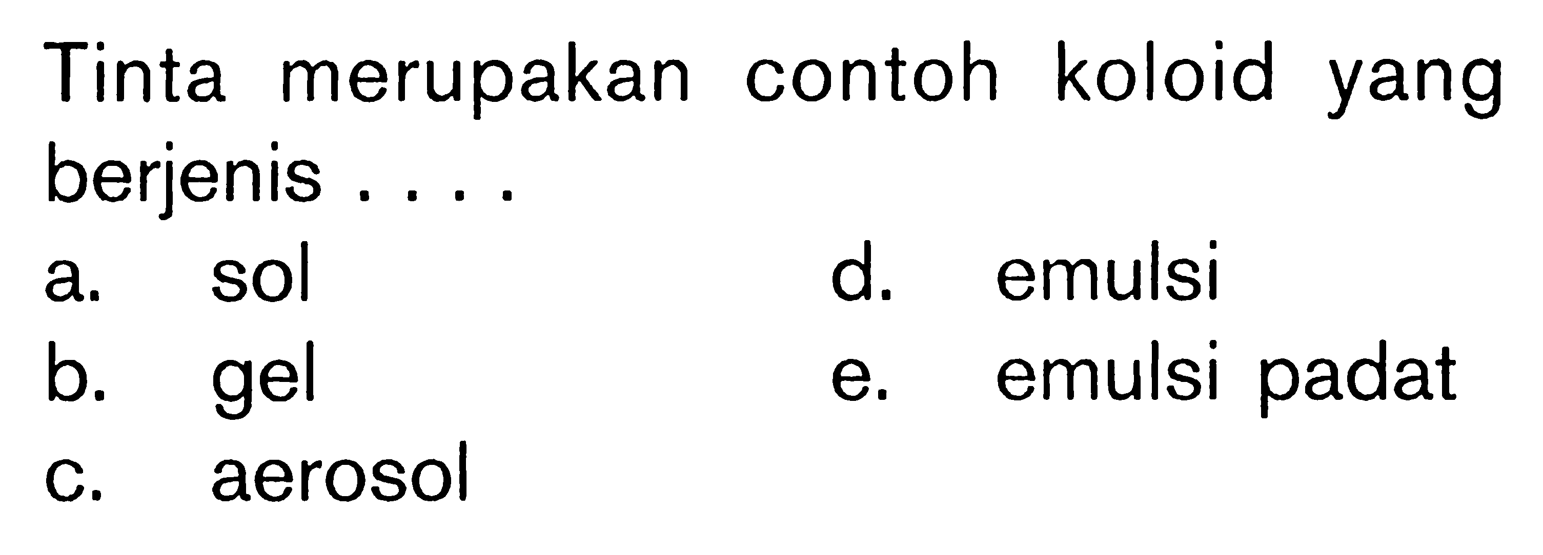 Tinta merupakan contoh koloid yang berjenis ....