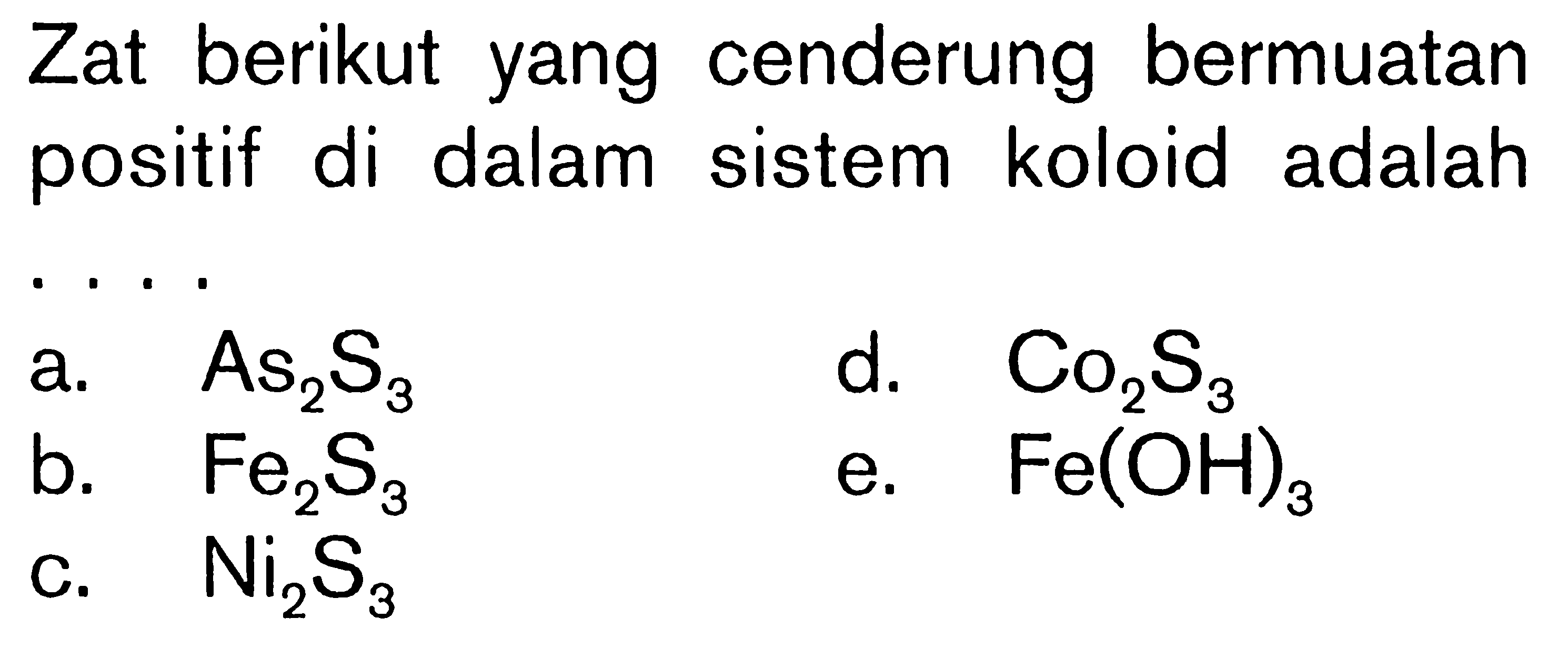 Zat berikut yang cenderung bermuatan positif di dalam sistem koloid adalah ... 
a. As2S3 
d. Co2S3 
b. Fe2S3 
e. Fe(OH)3 
c. Ni2S3 