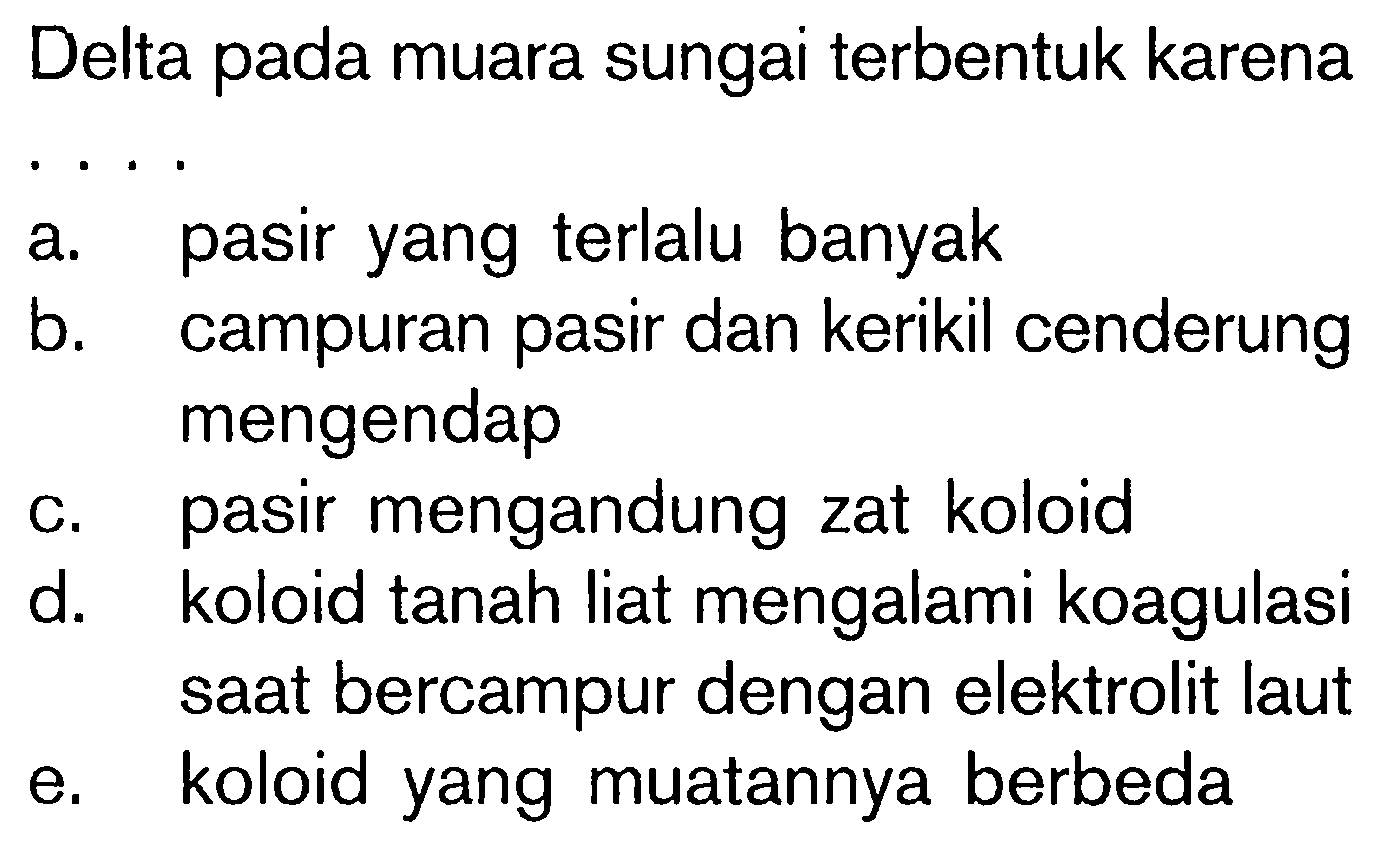 Delta pada muara sungai terbentuk karena ... a. pasir yang terlalu banyak b. campuran pasir dan kerikil cenderung mengendap c. pasir mengandung zat koloid d. koloid tanah liat mengalami koagulasi saat bercampur dengan elektrolit laut e. koloid yang muatannya berbeda