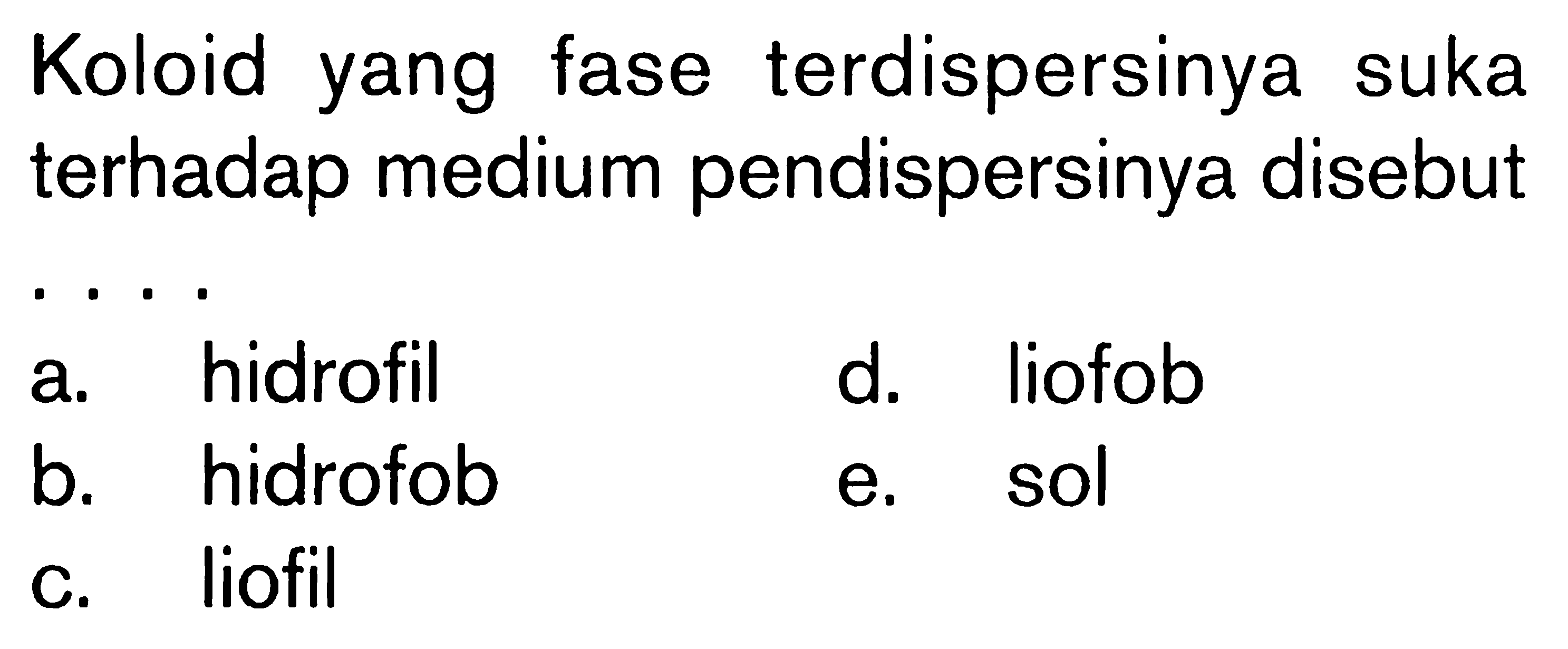 Koloid yang fase terdispersinya suka terhadap medium pendispersinya disebut a. hidrofil
d. liofob
b. hidrofob
e. sol
c. liofil