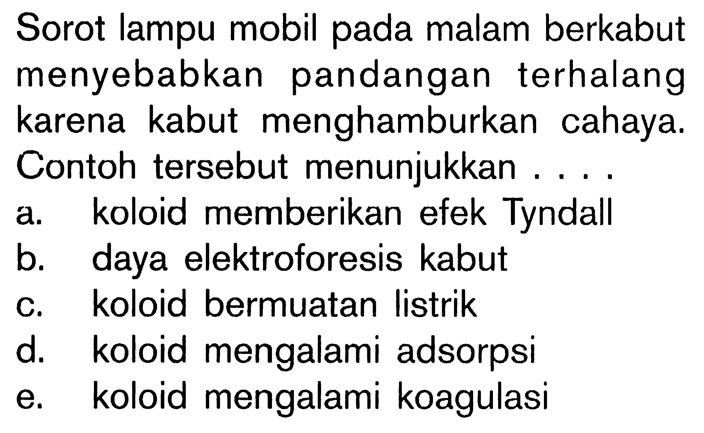 Sorot lampu mobil pada malam berkabut menyebabkan pandangan terhalang karena kabut menghamburkan cahaya. Contoh tersebut menunjukkan ....a. koloid memberikan efek Tyndallb. daya elektroforesis kabutc. koloid bermuatan listrikd. koloid mengalami adsorpsie. koloid mengalami koagulasi