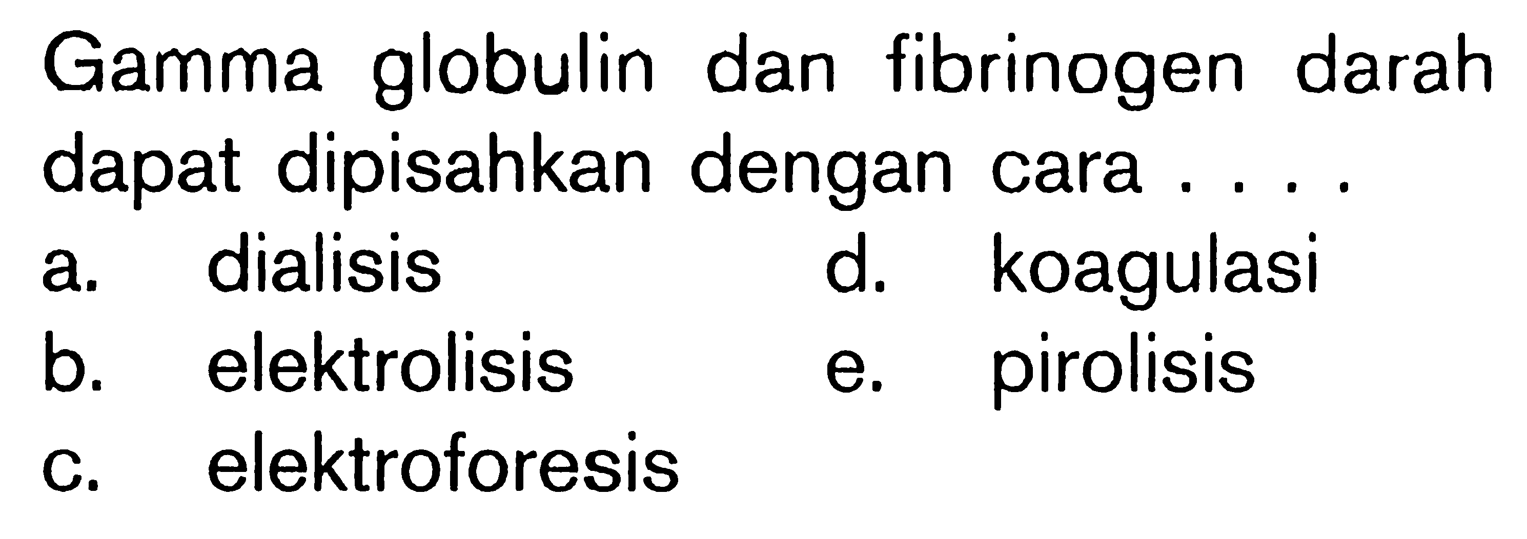 Gamma globulin dan fibrinogen darah dapat dipisahkan dengan cara ....