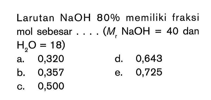 Larutan NaOH 80% memiliki fraksi mol sebesar (Mr NaOH = 40 dan H3O = 18)