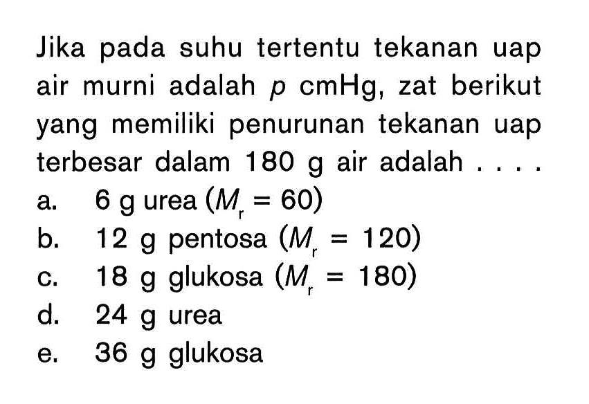 Jika pada suhu tertentu tekanan uap air murni adalah p cmHg, zat berikut yang memiliki penurunan tekanan uap terbesar dalam 180 g air adalah . . . .