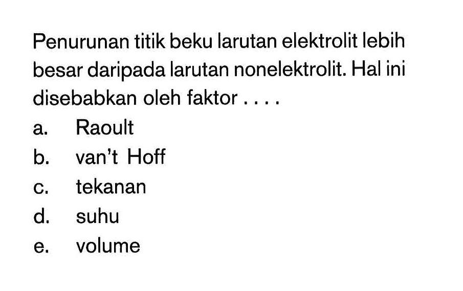 Penurunan titik beku larutan elektrolit lebih besar daripada larutan nonelektrolit. Hal ini disebabkan oleh faktor ...