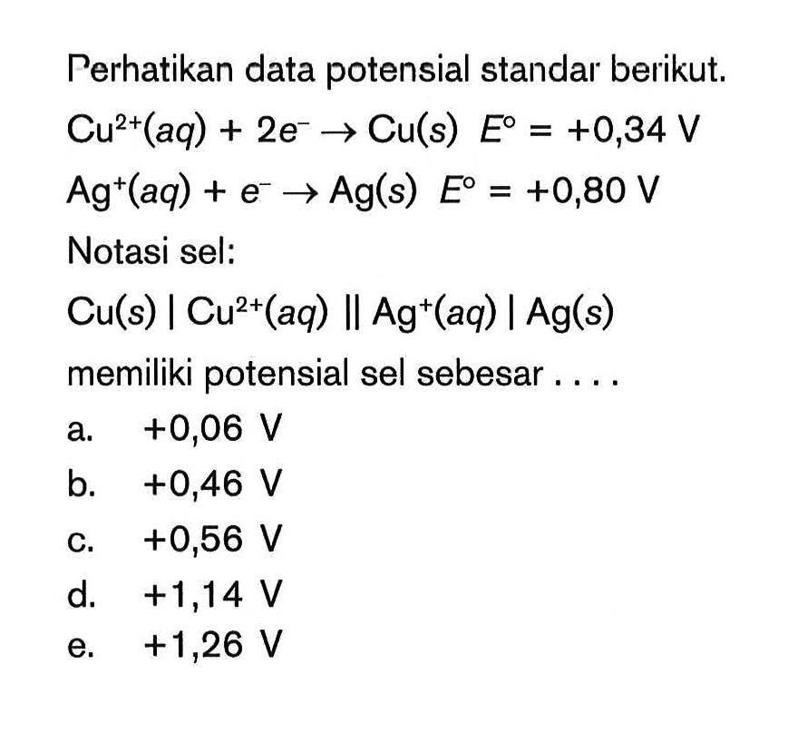 Perhatikan data potensial standar berikut. Cu^2+(aq) + 2e^- -> Cu(s) E^0 = +0,34 V Ag^+(aq) + e^- Ag(s) E^0 = +0,80 V Notasi sel: Cu(s) | Cu^2+(aq) || Ag^+(aq) | Ag(s) memiliki potensial sel sebesar ....