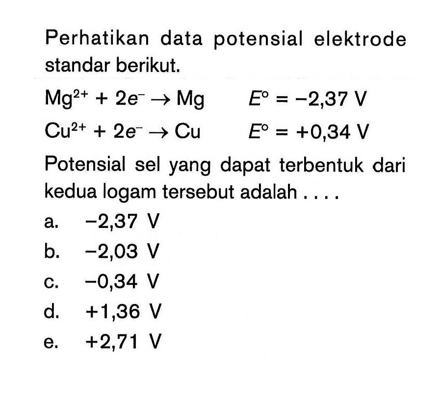 Perhatikan data potensial elektrode standar berikut. Mg^2+ + 2e^- -> Mg E^0 = -2,37 V Cu^2+ + 2e^- -> Cu E^0 = +0,34 V Potensial sel yang dapat terbentuk dari kedua logam tersebut adalah ....