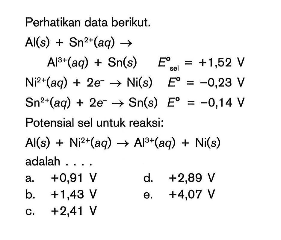 Perhatikan data berikut. Al(s) + Sn^2+ (aq) -> Als+(aq) + Sn(s) Eo = +1,52 V sel Nit(aq) + 2e- Ni(s) Eo = -0,23 V Sn2+(aq) 2e Sn(s) Eo = -0,14 V Potensial sel untuk reaksi: Als) Ni2t(aq) 5 Alst(aq) + Ni(s) adalah