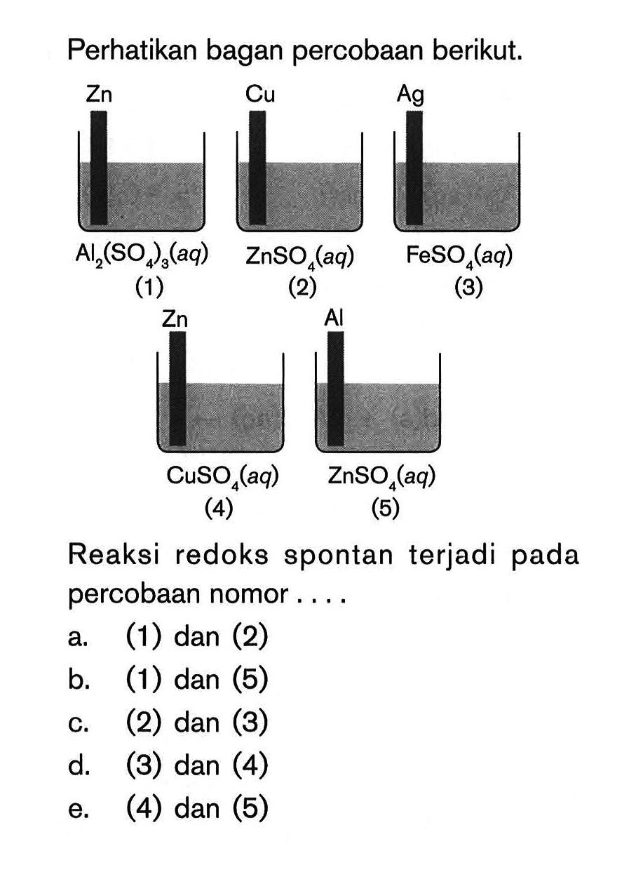 Perhatikan bagan percobaan berikut.(1) Zn Al2(SO4)3(aq) (2) Cu ZnSO4(aq)(3) Ag FeSO4(aq)(4) Zn CuSO4(aq)(5) Al ZnSO4(aq)Reaksi redoks spontan terjadi pada percobaan nomor .... a. (1) dan (2) b. (1) dan (5) c. (2) dan (3) d. (3) dan (4) e. (4) dan (5)
