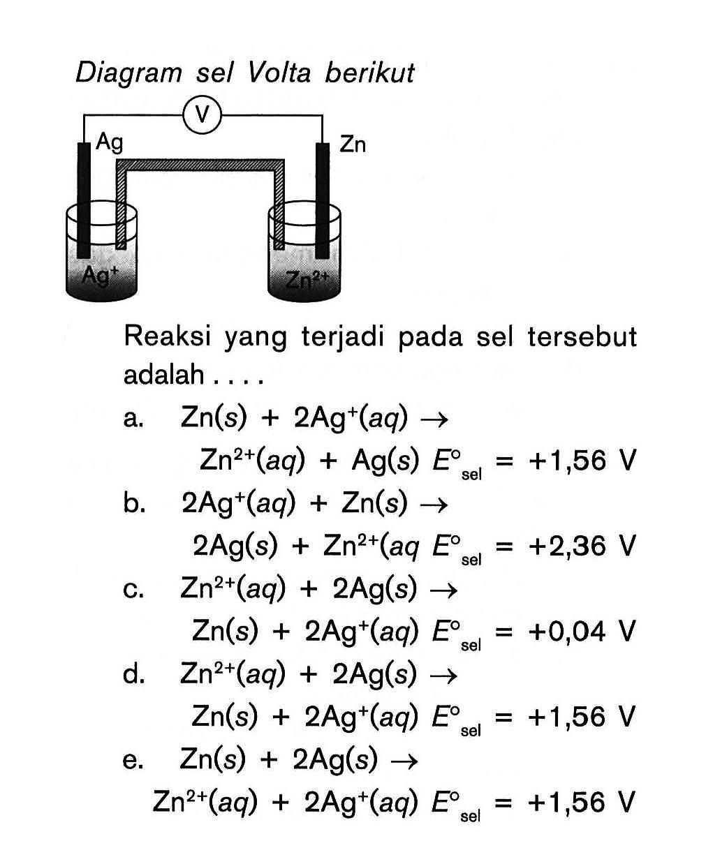 Diagram sel Volta berikut Reaksi yang terjadi pada sel tersebut adalah . . . .