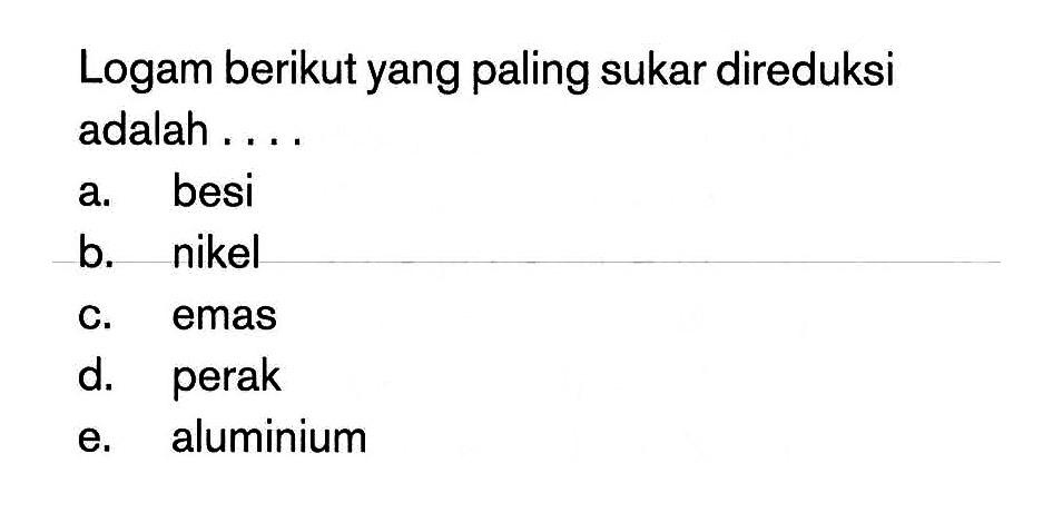 Logam berikut yang paling sukar direduksi adalah....