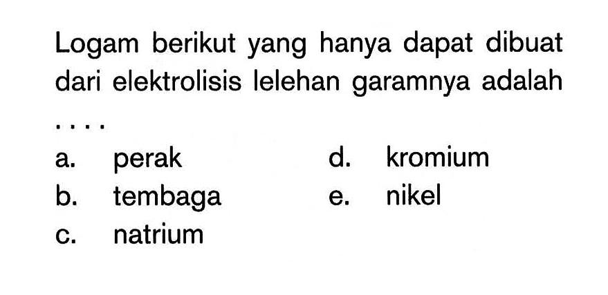 Logam berikut yang hanya dapat dibuat dari elektrolisis lelehan garamnya adalah .... a. perak d. kromium b. tembaga e. nikel c. natrium 