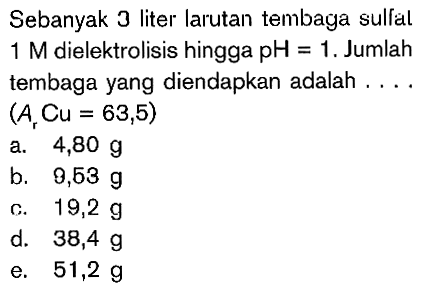 Sebanyak 3 liter larutan tembaga sullal M dielektrolisis hingga pH = 1. Jumlah tembaga yang diendapkan adalah .... (Ar Cu = 63,5)